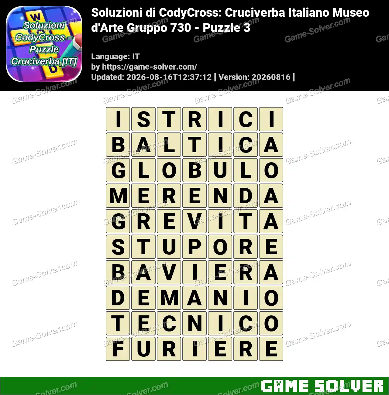 Soluzioni di CodyCross: Cruciverba Italiano Museo d’Arte Gruppo 730 – Puzzle 3